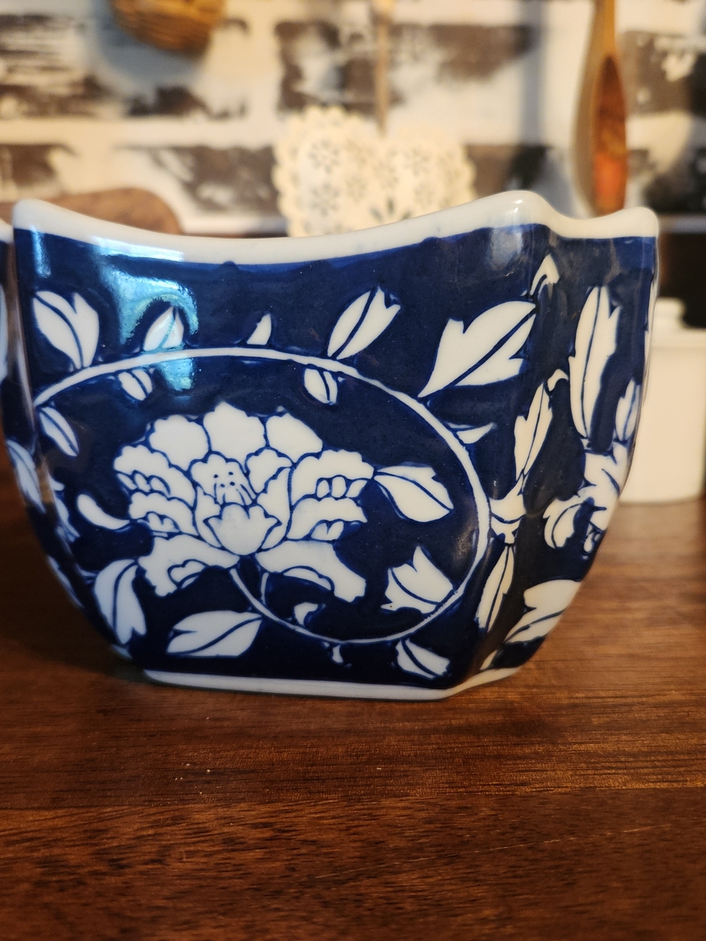 Blue and White Ceramic Chinoiserie Quatrefoil Planter